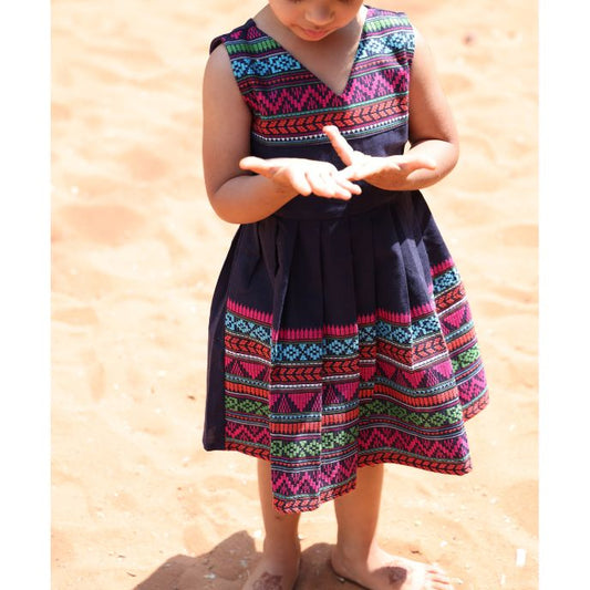 V Neck Blue Embroidered Frock