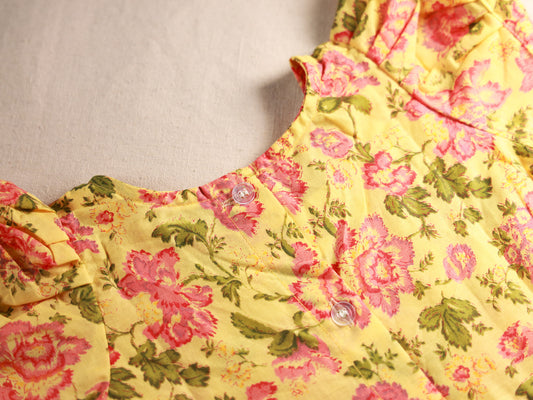 Yellow Floral Ballon Sleeves Cotton Frock