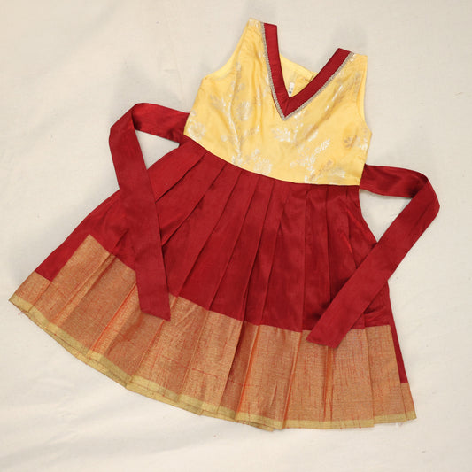 Silk maroon colour border frock V neck sleeveless