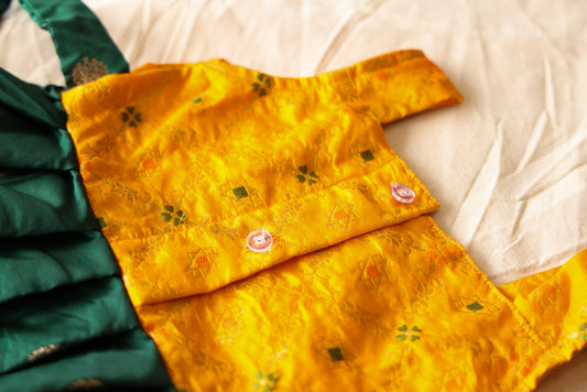 Green Colour Combination with Yellow Strip Silk