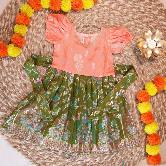 Peach & Mehendi Balloon Sleeves Frock with cotton lining