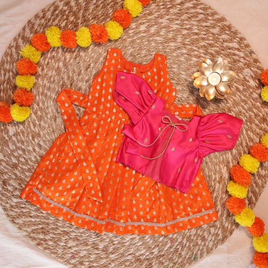 Orange Silk Frock with Pink Jacket