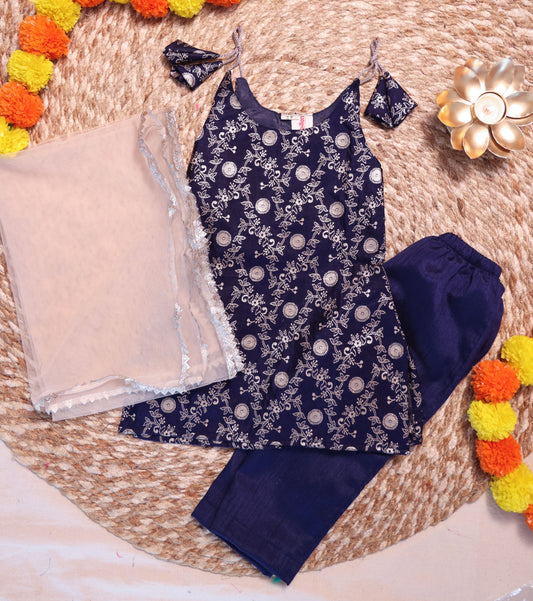 Banarasi Navy Blue Kurta Set with White Net Dupatta