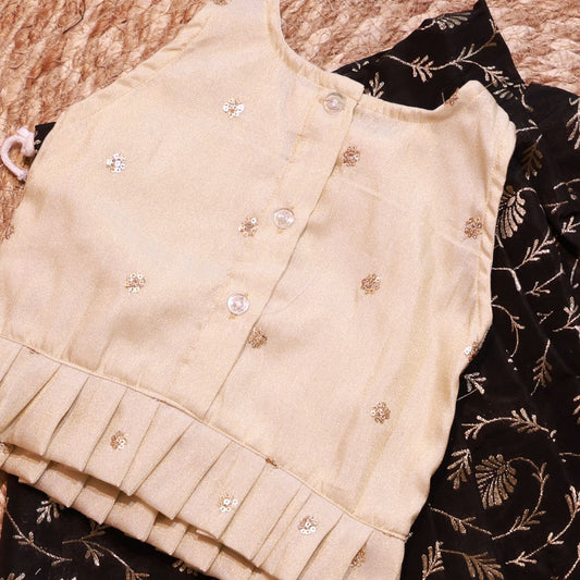 Off White Golden Tissue V Neck Black Parkar