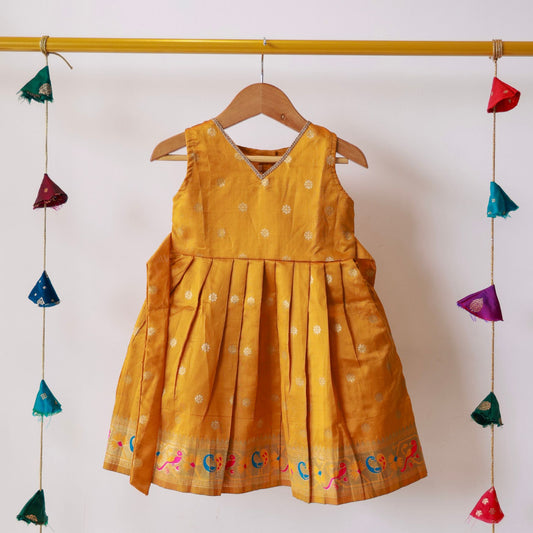Mustard Yellow Paithani Border Silk Frock