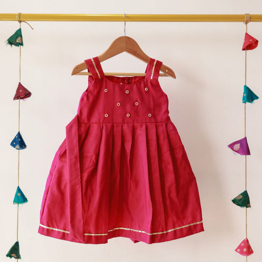 Rani Pink Rhinestone Shoulder Strip Silk Frock