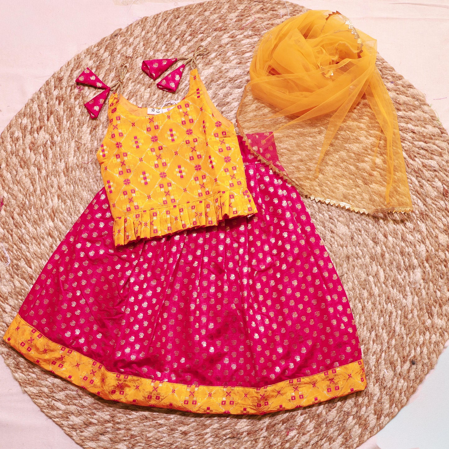 Rani Yellow Shoulder Knot Parkar Polka With Dupatta