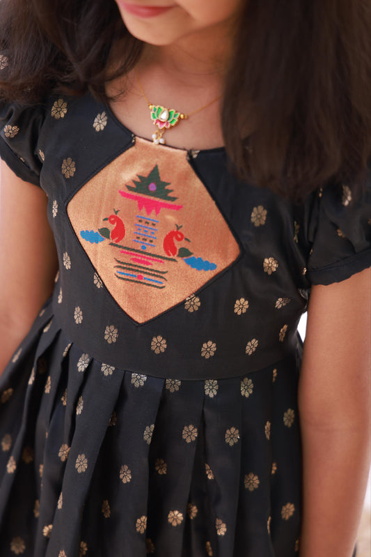 Paithani Border Frock with Paithani Patch and Balloon Sleeves