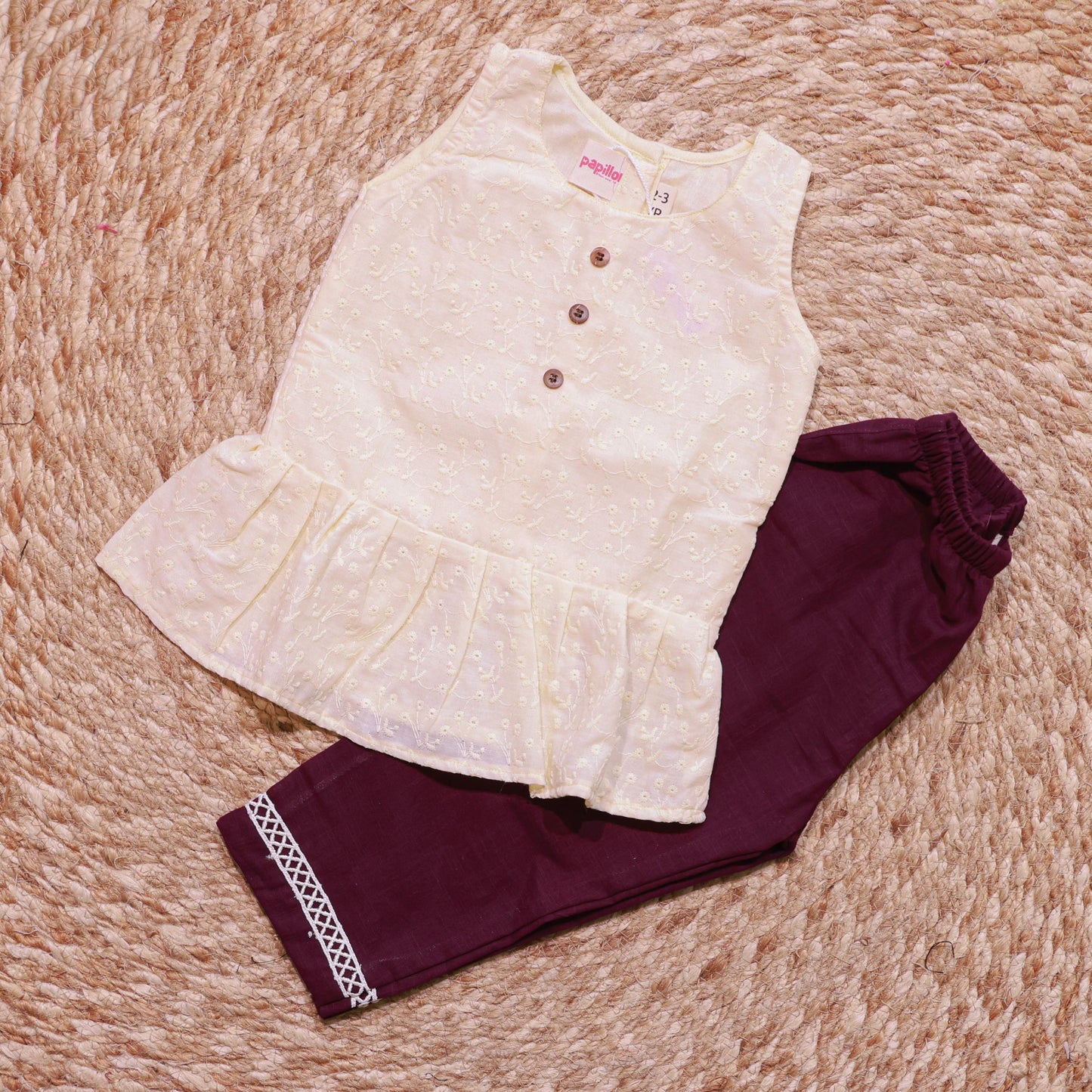 White Chikankari Top and Wine Colour Handloom Pant Co-Ord Set