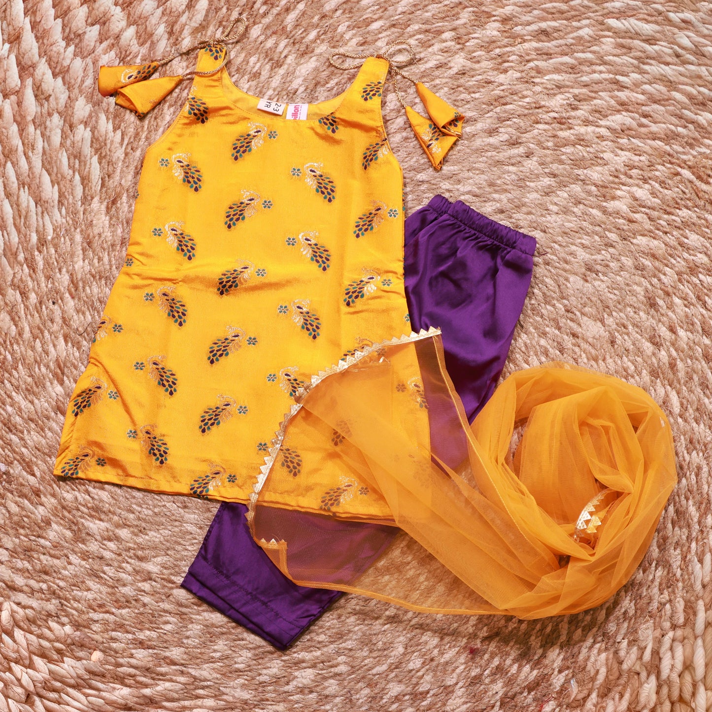 Kurti Pant Set Yellow And Purple Shoulder Knot