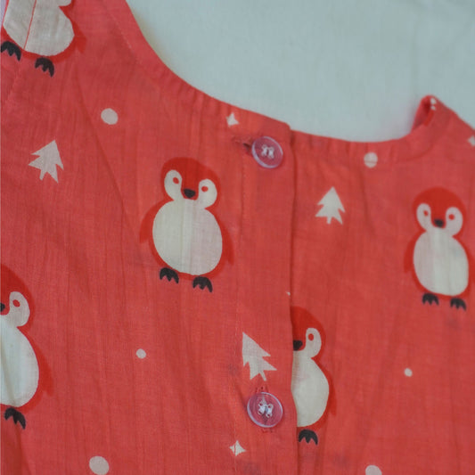 Penguin Peach Pink Print Cotton Frock