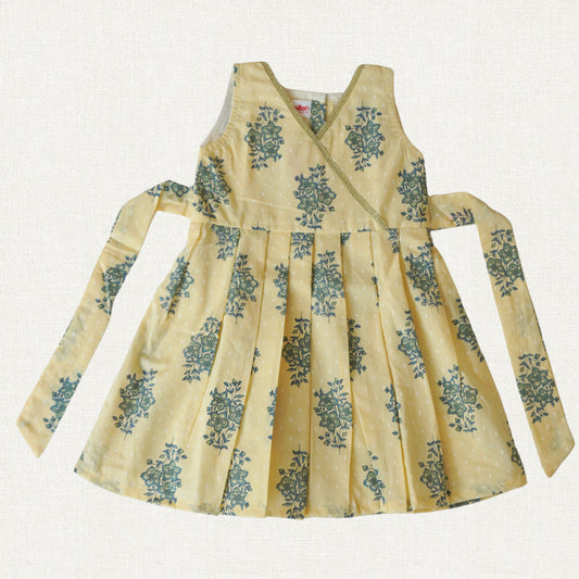 Light Lemon Yellow Block Print Cotton Frock with Cotton Lining