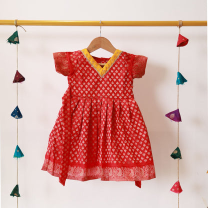 Red  Border Frock with sleeves cotton lining