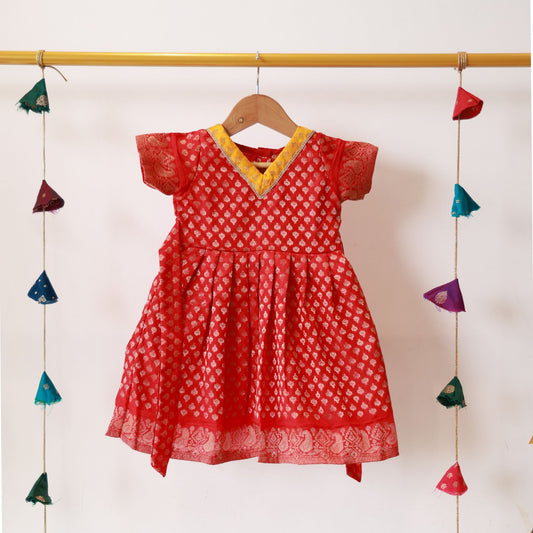 Red  Border Frock with sleeves cotton lining