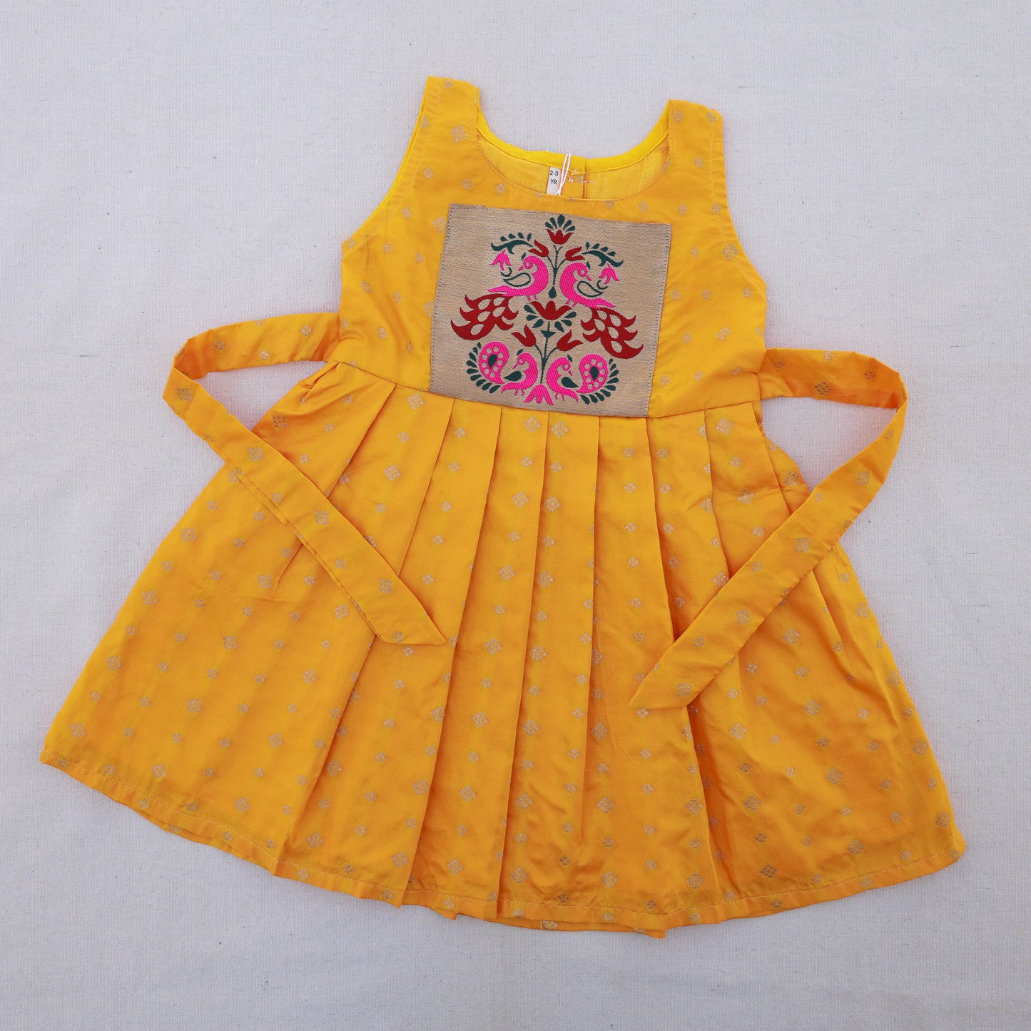 Mango Colour Paithani Patch Sleeveless Silk Lining Frock