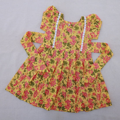 Yellow Floral Ballon Sleeves Cotton Frock