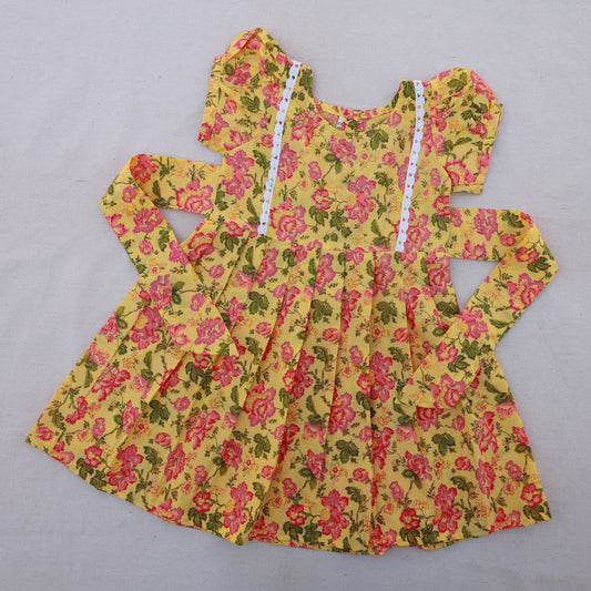 Yellow Floral Ballon Sleeves Cotton Frock