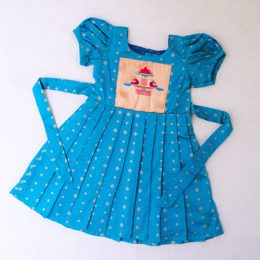 Rama Green Paithani Patch Silk Frock with Balloon Sleeves & Cotton Lining