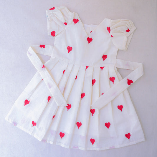 Red Heart Embroidery Balloon  Sleeves Off-White Cotton Lining