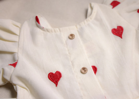 Red Heart Embroidery Balloon  Sleeves Off-White Cotton Lining