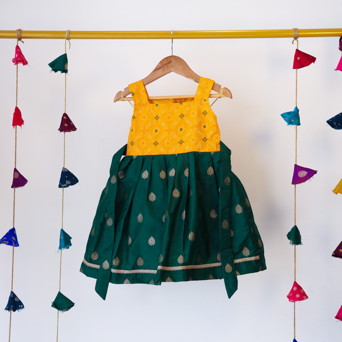 Green Colour Combination with Yellow Strip Silk