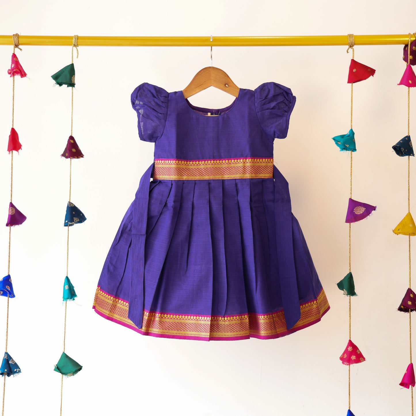 Purple Border Frock with Balloon Sleeves Cotton Lining
