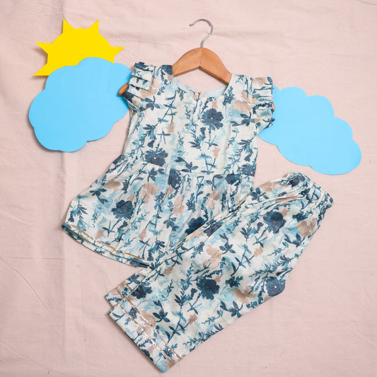White & Rama Green Colour Co-ord Set Cotton