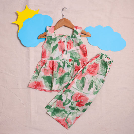 Green and Peach Shoulder Strip Cotton Co-ord set