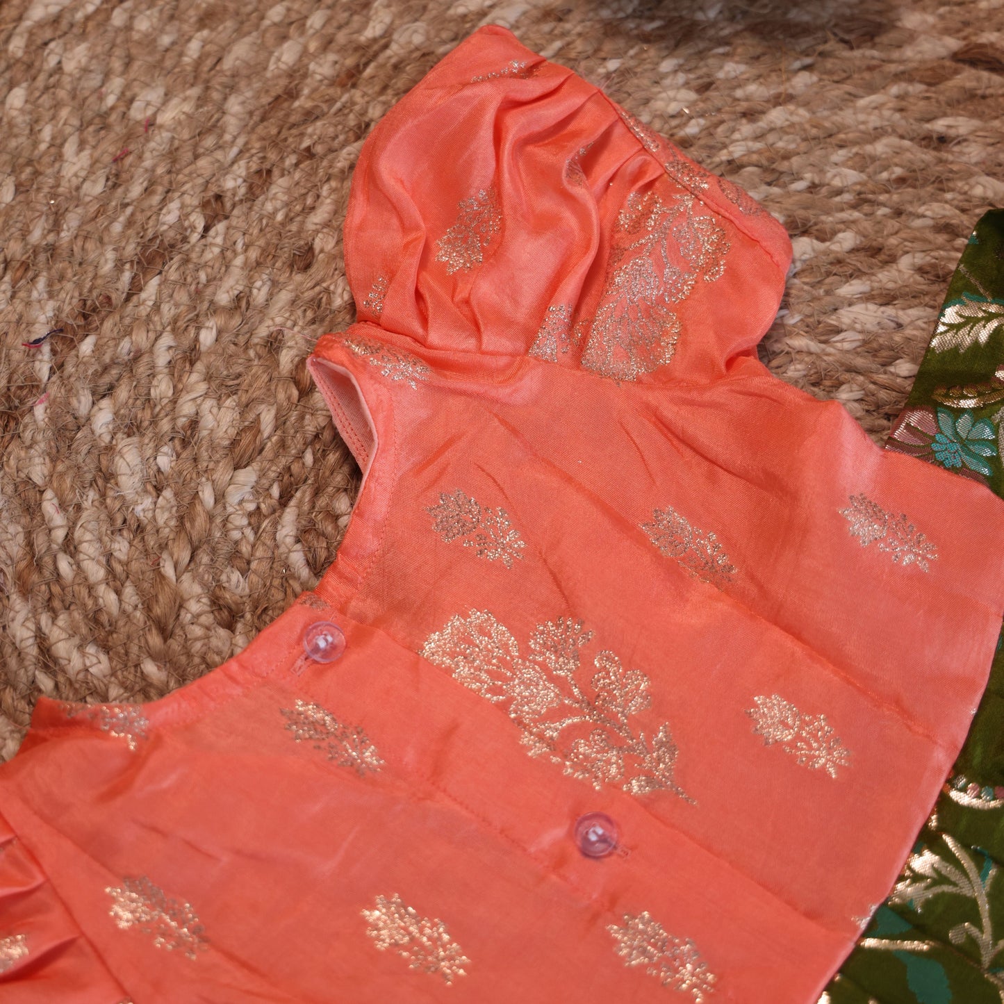 Peach & Mehendi Balloon Sleeves Frock with cotton lining