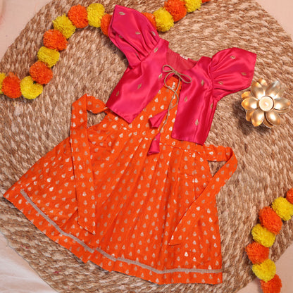 Orange Silk Frock with Pink Jacket
