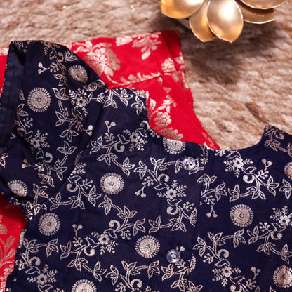 Red & Navy Blue Banarasi Parkar Polka
