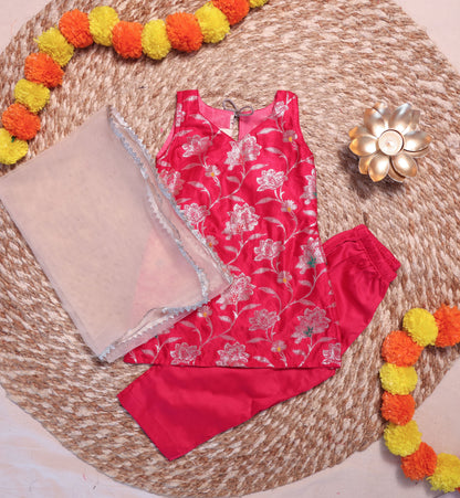 Rani Pink Banarasi Kurta Set with White Net Dupatta