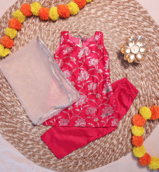 Rani Pink Banarasi Kurta Set with White Net Dupatta
