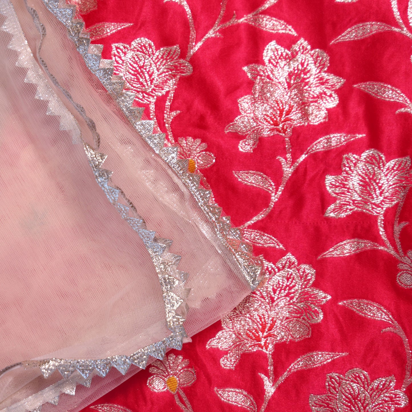 Rani Pink Banarasi Kurta Set with White Net Dupatta