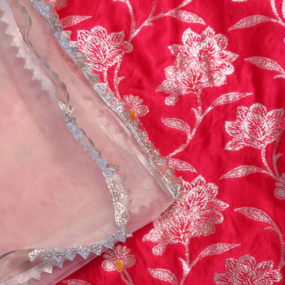 Rani Pink Banarasi Kurta Set with White Net Dupatta