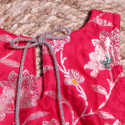 Rani Pink Banarasi Kurta Set with White Net Dupatta