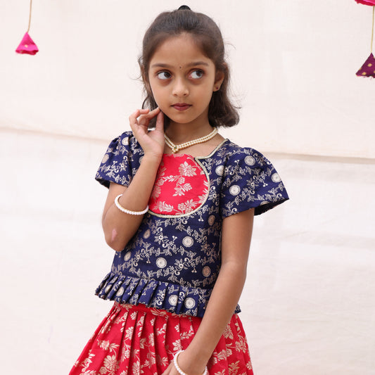 Red & Navy Blue Banarasi Parkar Polka