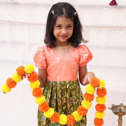 Peach & Mehendi Balloon Sleeves Frock with cotton lining