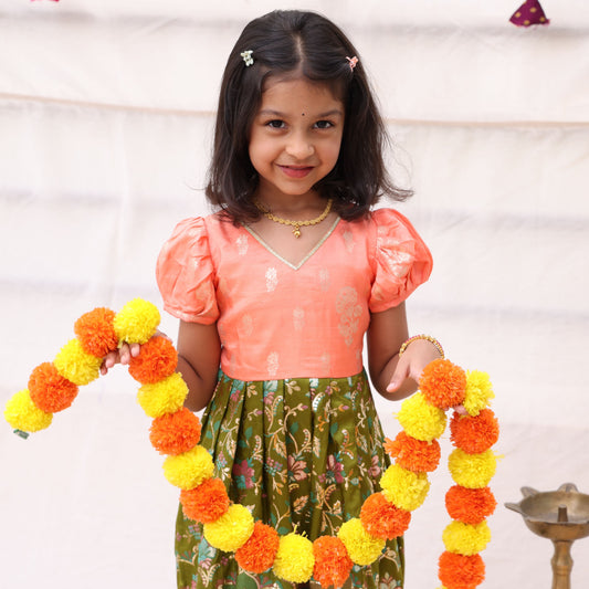 Peach & Mehendi Balloon Sleeves Frock with cotton lining