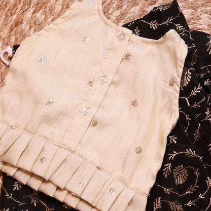 Off White Golden Tissue V Neck Black Parkar