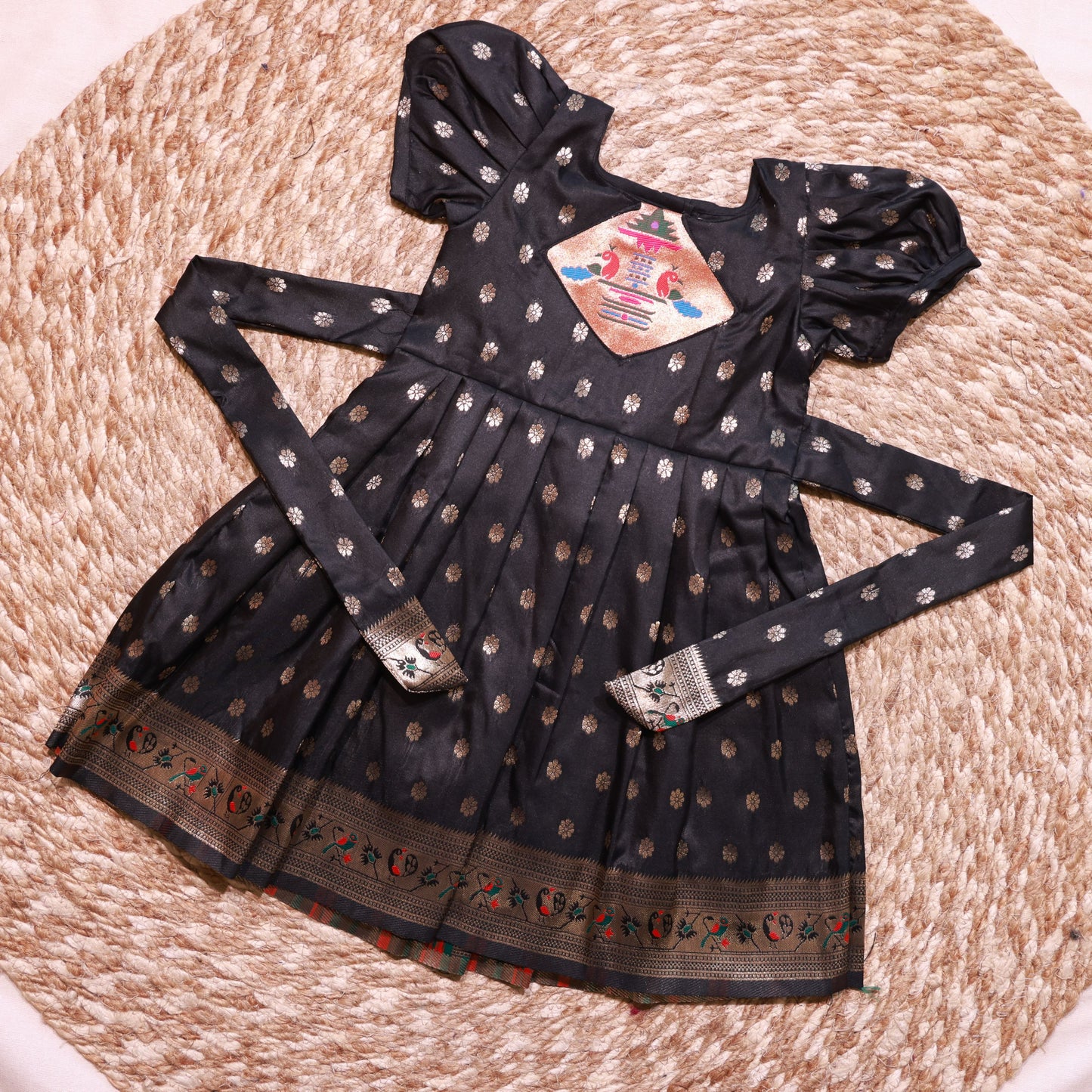Paithani Border Frock with Paithani Patch and Balloon Sleeves