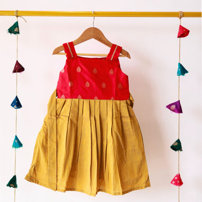 Mustard Yellow-Red Silk Frock