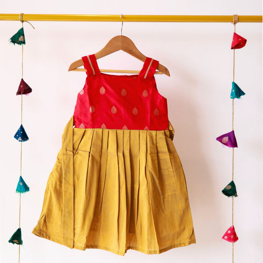Mustard Yellow-Red Silk Frock