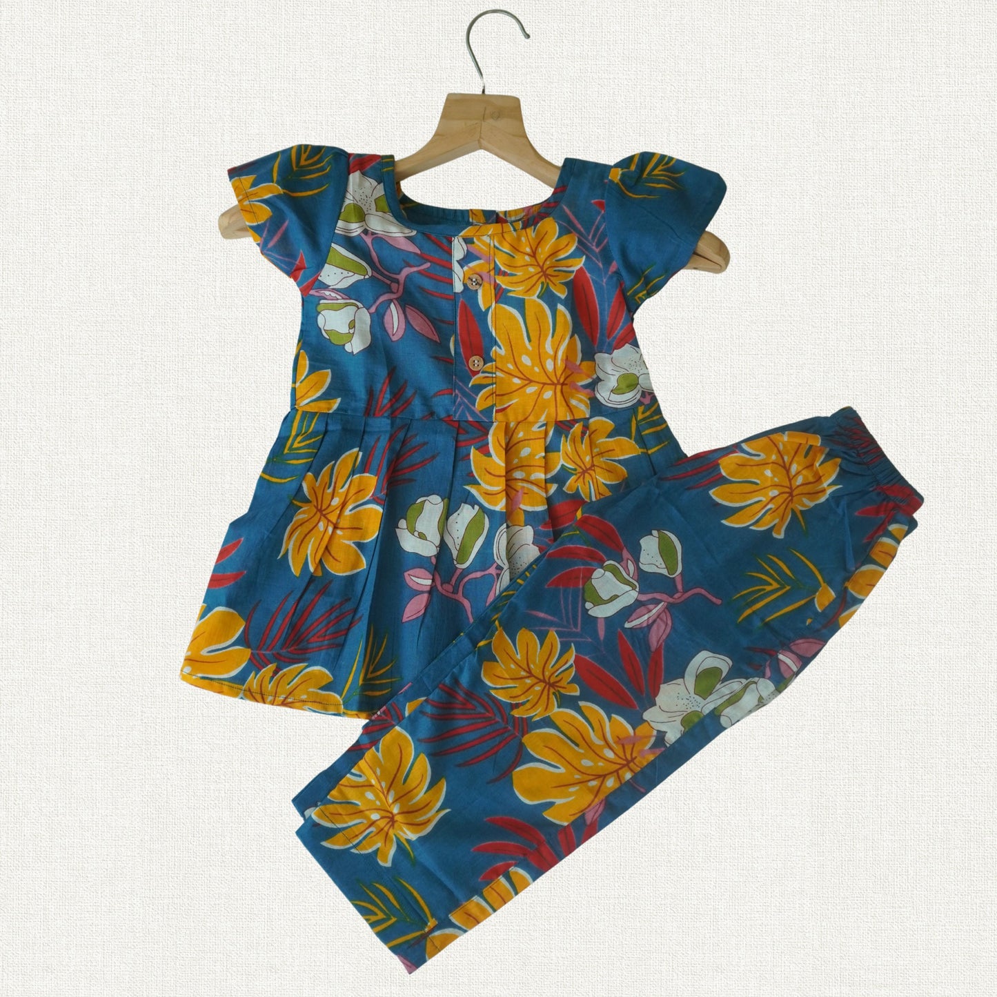 Blue Floral Cotton Co-ord Set with Sleeves