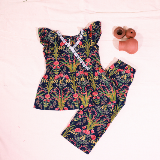 Navy Blue Floral Overlap Co-ord Set