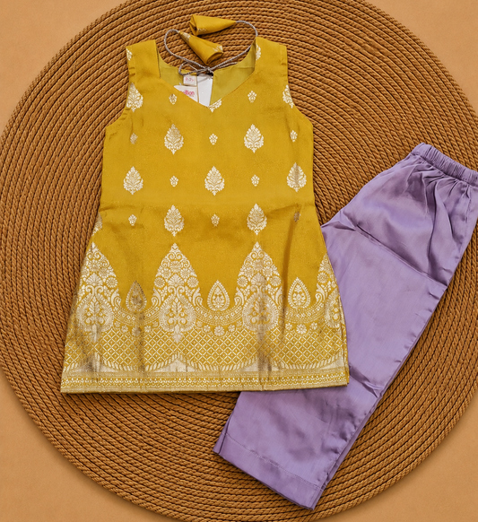 Yellow and Lavender Kurti Pant Set
