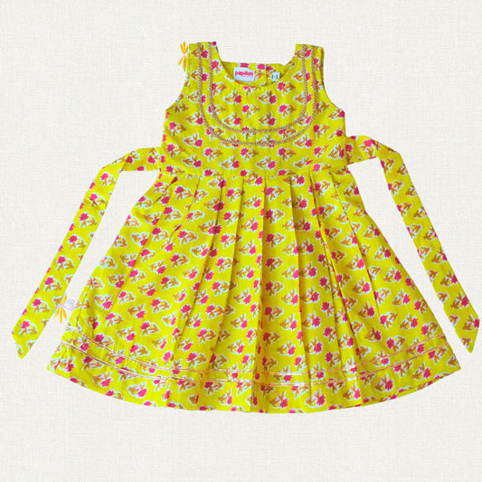 Yellow Floral Block Print Cotton Frock