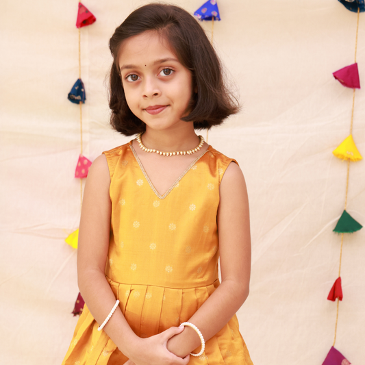 Mustard Yellow Paithani Border Silk Frock