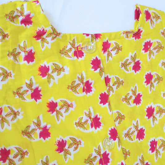 Yellow Floral Block Print Cotton Frock