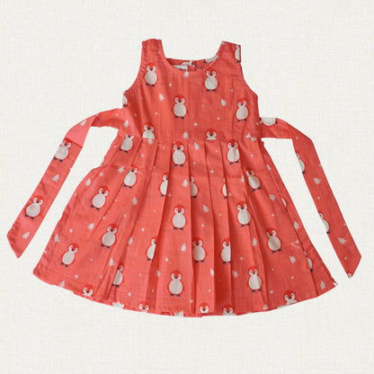 Penguin Peach Pink Print Cotton Frock